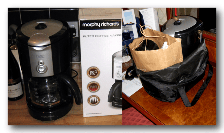 Coffe Maker On The Counter (Left) And In Its Travel Bag (Right)